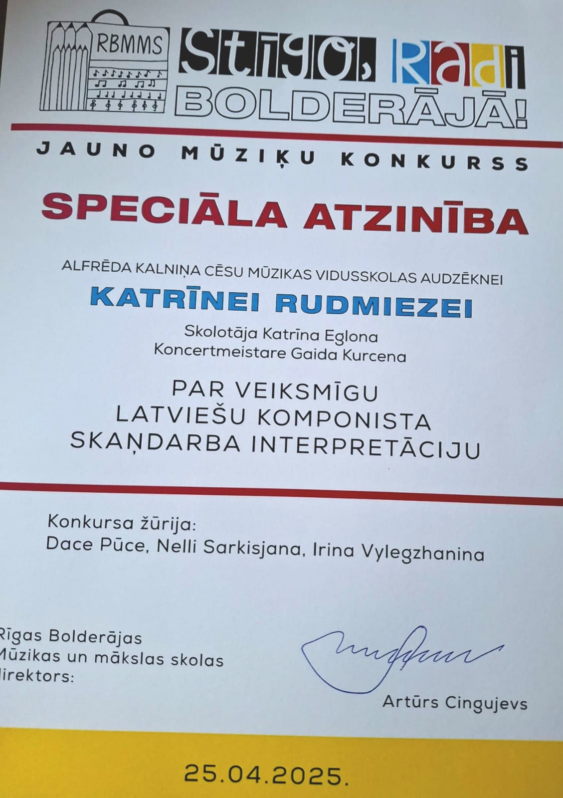 AKCMV audzēknei panākumi stīgu instrumentspēles konkursā